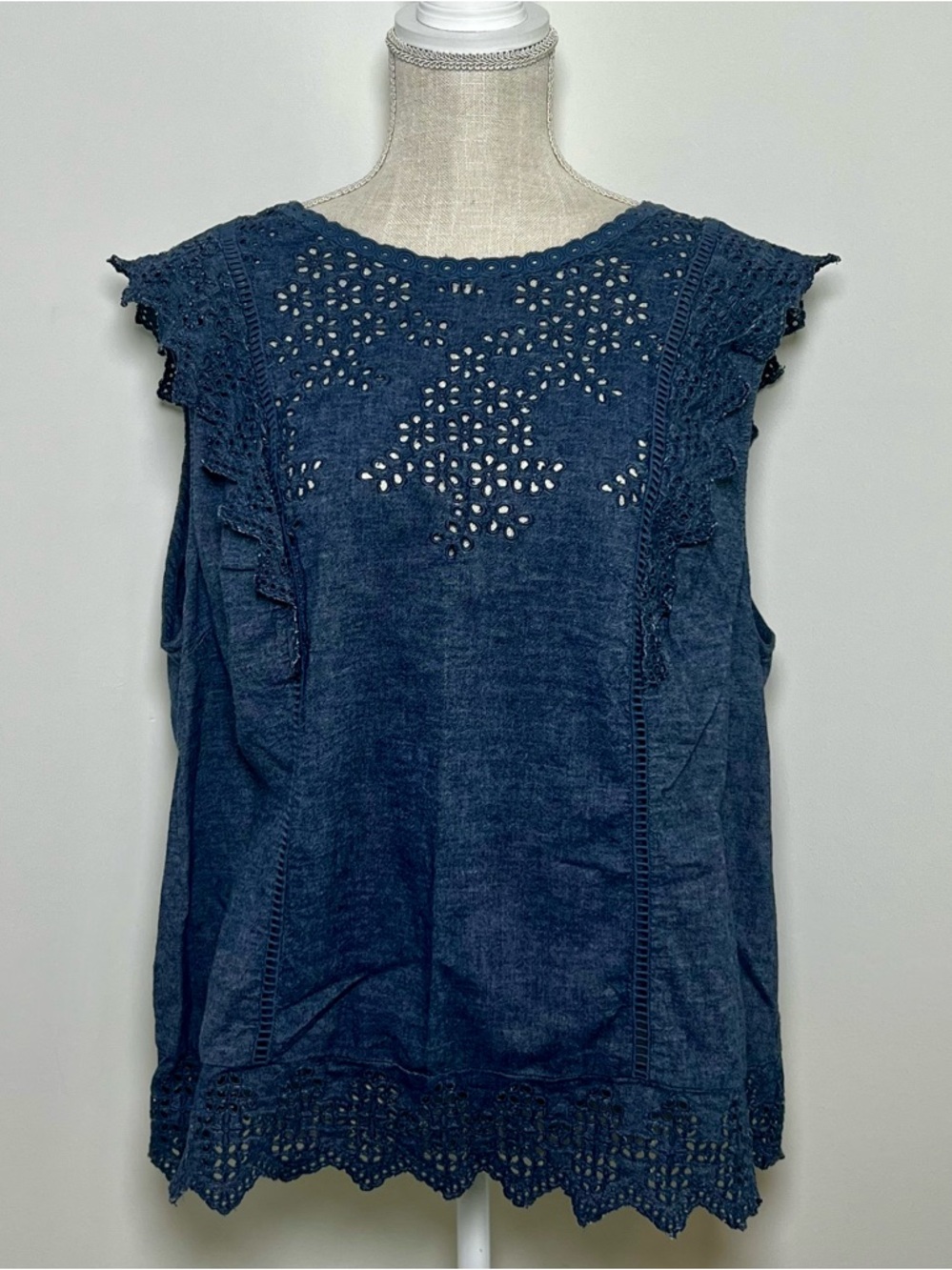Boden Navy Blue Denim Eyelet-Trim Sleeveless Top